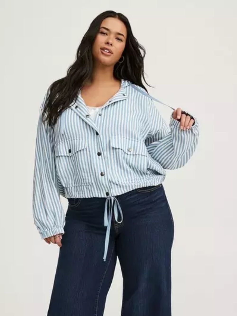Torrid Blue & White Striped Snap Front Hooded Jacket Lightweight Nautical Plus